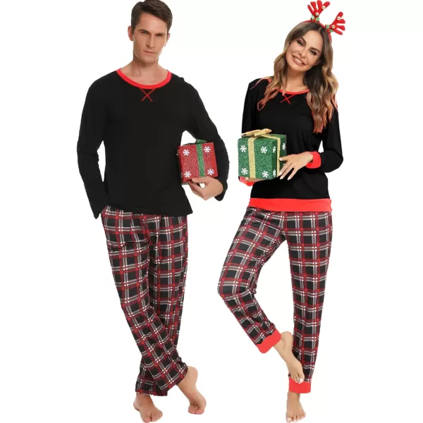 imageSWOMOG Men ampamp Women Pajama Sets for Couples Long Sleeve Sleepwear Plaid Pants Loungewear Set with PocketsBlack  Black Plaid