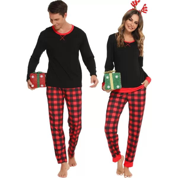 imageSWOMOG Men ampamp Women Pajama Sets for Couples Long Sleeve Sleepwear Plaid Pants Loungewear Set with PocketsBlack  Red Plaid