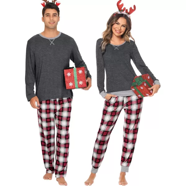 imageSWOMOG Men ampamp Women Pajama Sets for Couples Long Sleeve Sleepwear Plaid Pants Loungewear Set with PocketsDeep Grey  Black Plaid