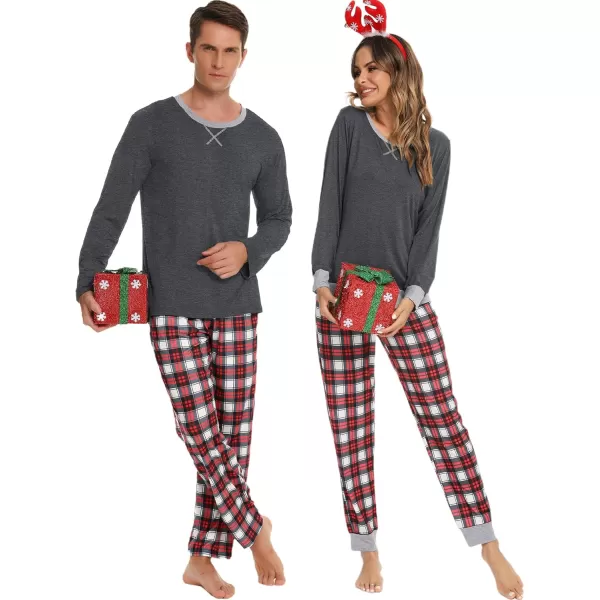 imageSWOMOG Men ampamp Women Pajama Sets for Couples Long Sleeve Sleepwear Plaid Pants Loungewear Set with PocketsDeep Grey  Red Plaid