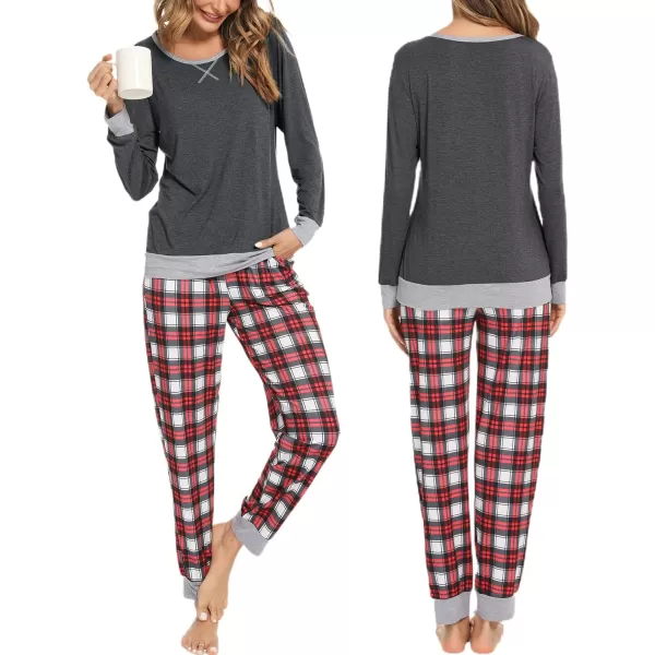 imageSWOMOG Men ampamp Women Pajama Sets for Couples Long Sleeve Sleepwear Plaid Pants Loungewear Set with PocketsDeep Grey  Red Plaid