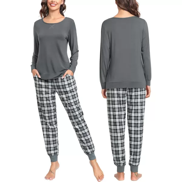 imageSWOMOG Men ampamp Women Pajama Sets for Couples Long Sleeve Sleepwear Plaid Pants Loungewear Set with PocketsDeep Pure Grey