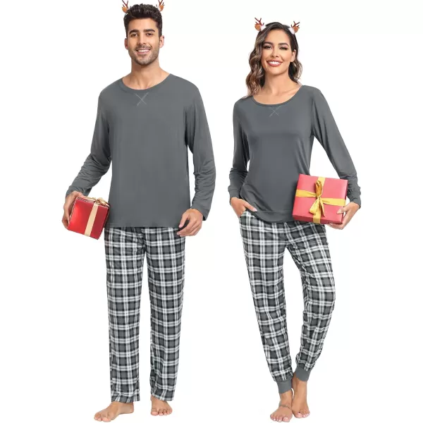 imageSWOMOG Men ampamp Women Pajama Sets for Couples Long Sleeve Sleepwear Plaid Pants Loungewear Set with PocketsDeep Pure Grey