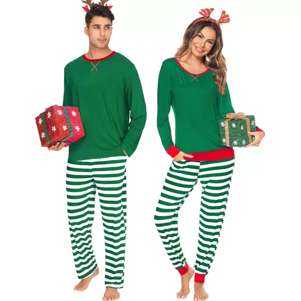 imageSWOMOG Men ampamp Women Pajama Sets for Couples Long Sleeve Sleepwear Plaid Pants Loungewear Set with PocketsGreen Stripes