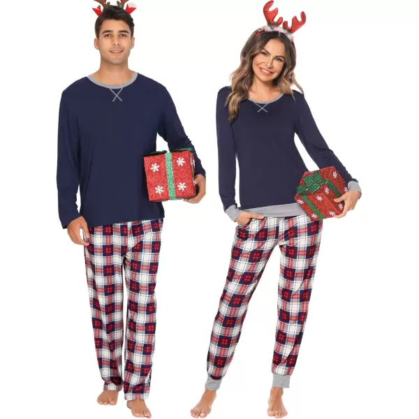 imageSWOMOG Men ampamp Women Pajama Sets for Couples Long Sleeve Sleepwear Plaid Pants Loungewear Set with PocketsNavy Blue  Blue Plaid