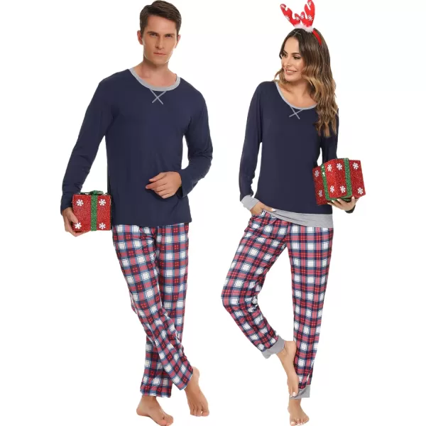 imageSWOMOG Men ampamp Women Pajama Sets for Couples Long Sleeve Sleepwear Plaid Pants Loungewear Set with PocketsNavy Blue  Red Plaid