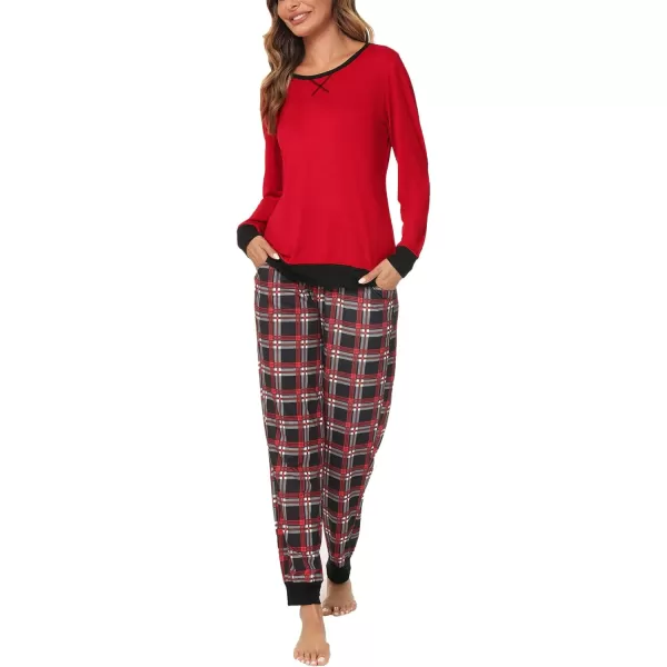 imageSWOMOG Men ampamp Women Pajama Sets for Couples Long Sleeve Sleepwear Plaid Pants Loungewear Set with PocketsRed  Mixed Top