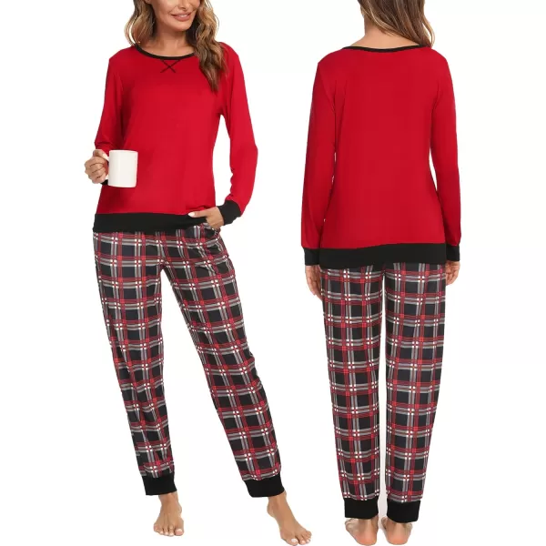 imageSWOMOG Men ampamp Women Pajama Sets for Couples Long Sleeve Sleepwear Plaid Pants Loungewear Set with PocketsRed  Mixed Top