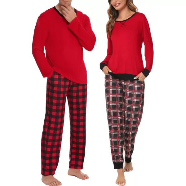 imageSWOMOG Men ampamp Women Pajama Sets for Couples Long Sleeve Sleepwear Plaid Pants Loungewear Set with PocketsRed  Mixed Top