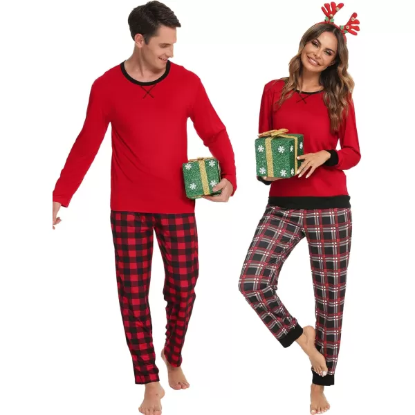 imageSWOMOG Men ampamp Women Pajama Sets for Couples Long Sleeve Sleepwear Plaid Pants Loungewear Set with PocketsRed  Mixed Top