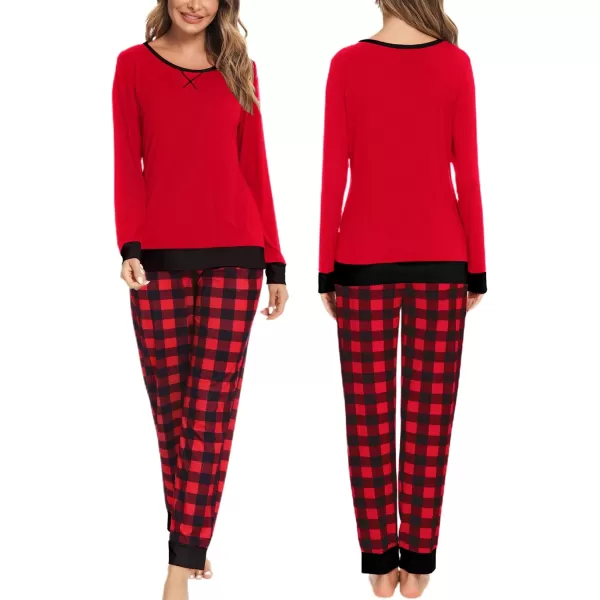 imageSWOMOG Men ampamp Women Pajama Sets for Couples Long Sleeve Sleepwear Plaid Pants Loungewear Set with PocketsRed