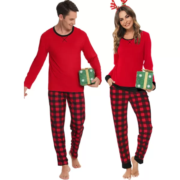 imageSWOMOG Men ampamp Women Pajama Sets for Couples Long Sleeve Sleepwear Plaid Pants Loungewear Set with PocketsRed