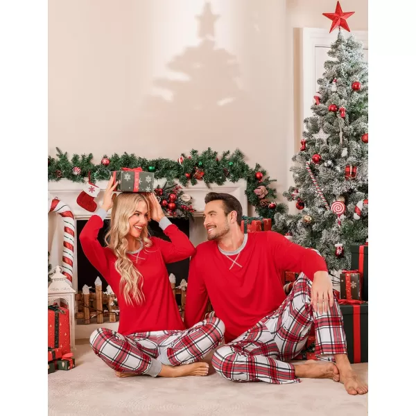 imageSWOMOG Men ampamp Women Pajama Sets for Couples Long Sleeve Sleepwear Plaid Pants Loungewear Set with PocketsRed White Plaid