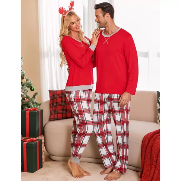 imageSWOMOG Men ampamp Women Pajama Sets for Couples Long Sleeve Sleepwear Plaid Pants Loungewear Set with PocketsRed White Plaid