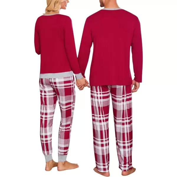 imageSWOMOG Men ampamp Women Pajama Sets for Couples Long Sleeve Sleepwear Plaid Pants Loungewear Set with PocketsWine Red Plaid