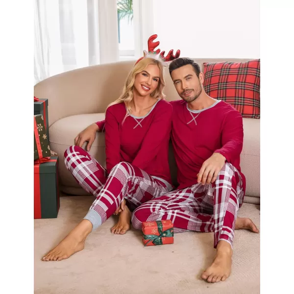 imageSWOMOG Men ampamp Women Pajama Sets for Couples Long Sleeve Sleepwear Plaid Pants Loungewear Set with PocketsWine Red Plaid