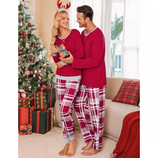 imageSWOMOG Men ampamp Women Pajama Sets for Couples Long Sleeve Sleepwear Plaid Pants Loungewear Set with PocketsWine Red Plaid