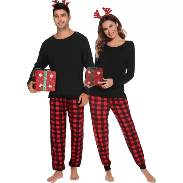 imageSWOMOG Men ampamp Women Pajama Sets for Couples Long Sleeve Sleepwear Plaid Pants Loungewear Set with PocketsZ  Black  Solid Top