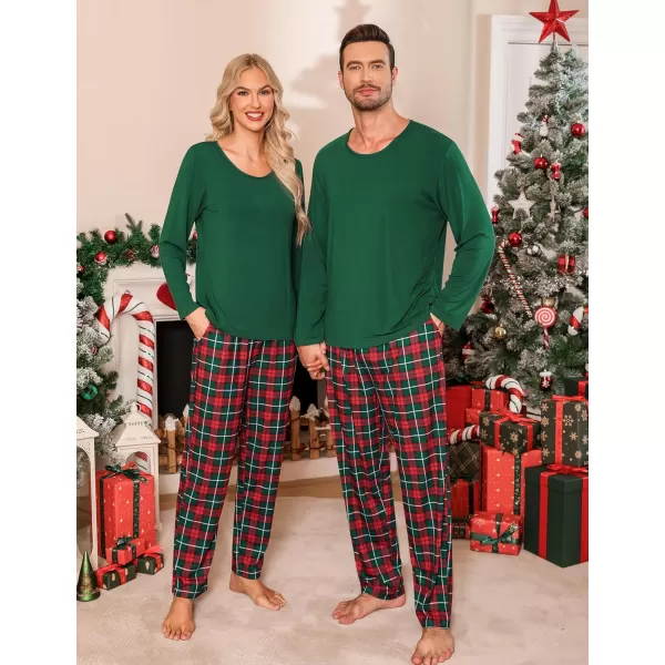 imageSWOMOG Men ampamp Women Pajama Sets for Couples Long Sleeve Sleepwear Plaid Pants Loungewear Set with PocketsZ  Deep Green  Solid Top