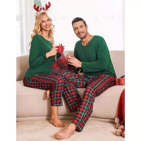 imageSWOMOG Men ampamp Women Pajama Sets for Couples Long Sleeve Sleepwear Plaid Pants Loungewear Set with PocketsZ  Deep Green  Solid Top