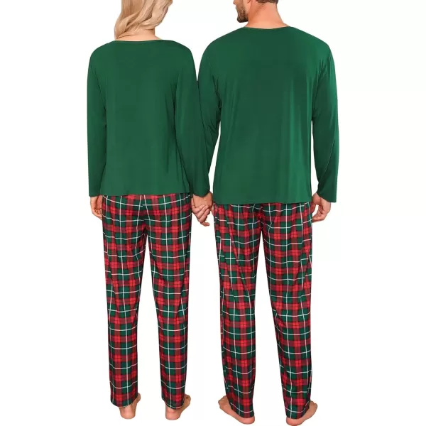 imageSWOMOG Men ampamp Women Pajama Sets for Couples Long Sleeve Sleepwear Plaid Pants Loungewear Set with PocketsZ  Deep Green  Solid Top