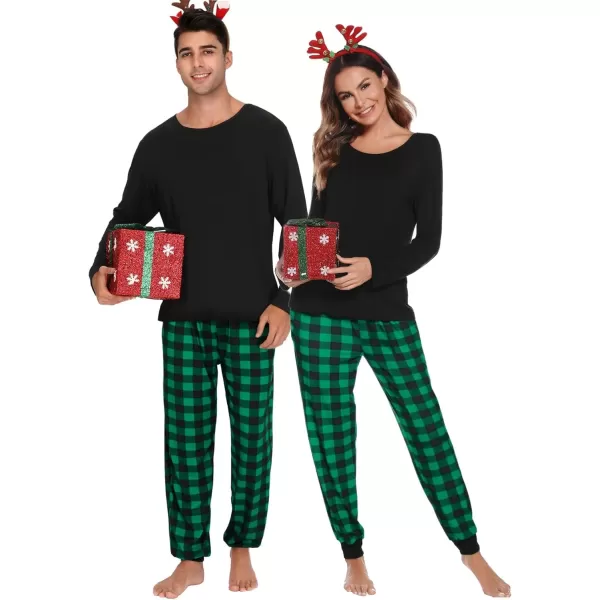 imageSWOMOG Men ampamp Women Pajama Sets for Couples Long Sleeve Sleepwear Plaid Pants Loungewear Set with PocketsZ  Green  Solid Top