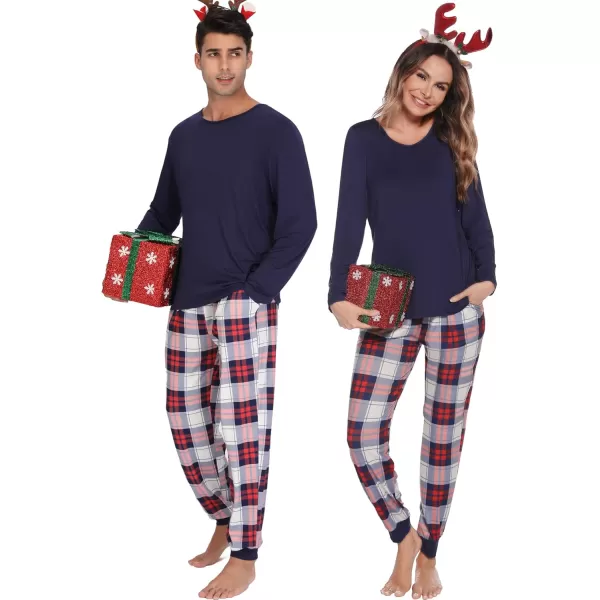 imageSWOMOG Men ampamp Women Pajama Sets for Couples Long Sleeve Sleepwear Plaid Pants Loungewear Set with PocketsZ  Navy Blue  Solid Top