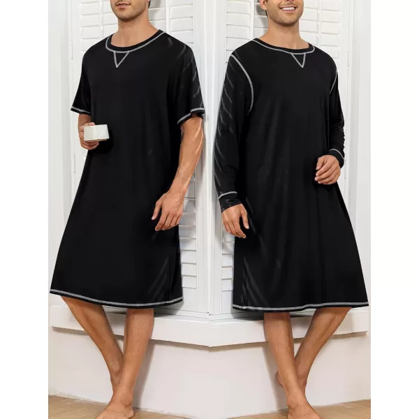 imageSWOMOG Mens 2 Pack Nightshirt Comfy Big ampamp Tall Henley Sleep Shirt Soft Loose Pajama Short ampamp Long Sleeve Nightgown SXXLBlack