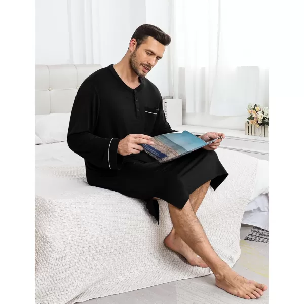 imageSWOMOG Mens Nightshirt Long Sleeve Nightgown Soft Loose Sleepwear Comfy Big ampamp Tall Henley Sleep Shirt for Sleeping SXXLBlack