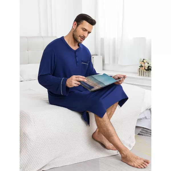 imageSWOMOG Mens Nightshirt Long Sleeve Nightgown Soft Loose Sleepwear Comfy Big ampamp Tall Henley Sleep Shirt for Sleeping SXXLNavy Blue