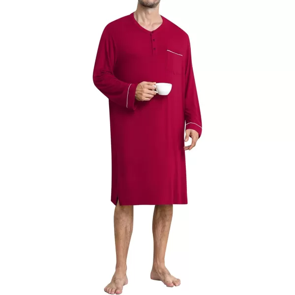 imageSWOMOG Mens Nightshirt Long Sleeve Nightgown Soft Loose Sleepwear Comfy Big ampamp Tall Henley Sleep Shirt for Sleeping SXXLWine Red