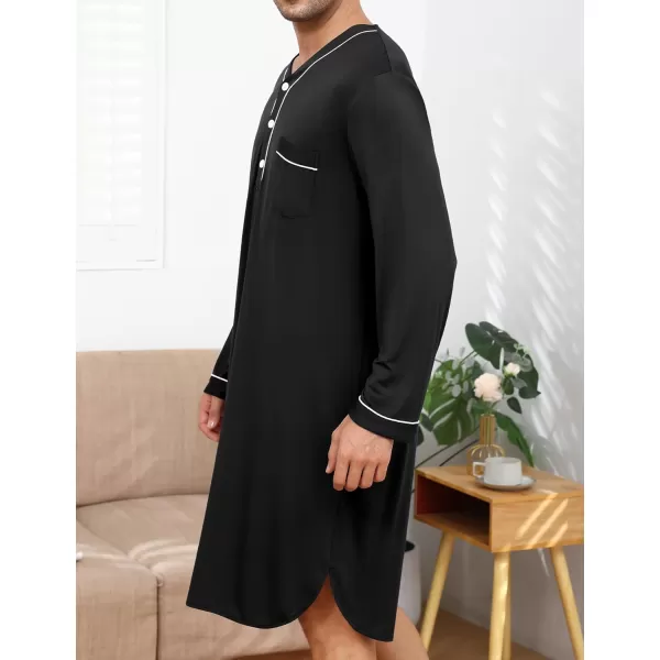 imageSWOMOG Mens Nightshirt Long Sleeve Nightgown Soft Loose Sleepwear Lightweight Nightwear Comfy Henley Sleep Shirt M3XLBlack