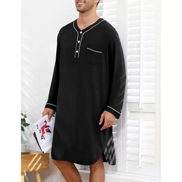 imageSWOMOG Mens Nightshirt Long Sleeve Nightgown Soft Loose Sleepwear Lightweight Nightwear Comfy Henley Sleep Shirt M3XLBlack