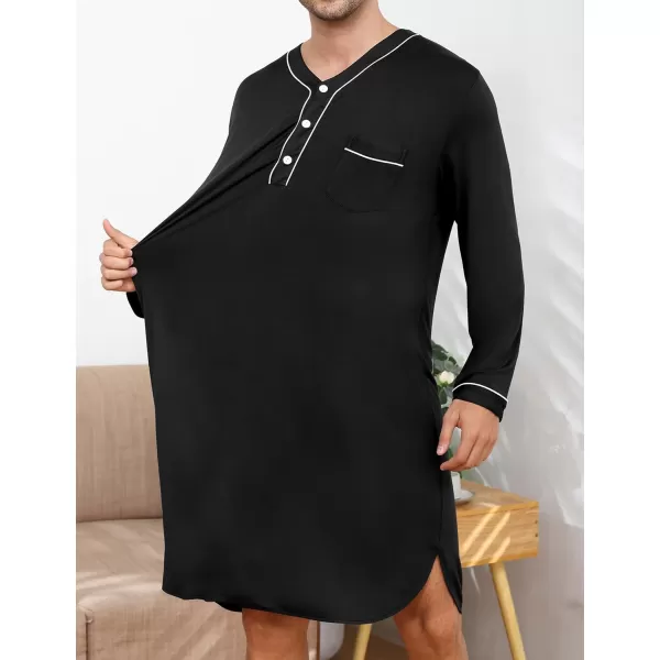 imageSWOMOG Mens Nightshirt Long Sleeve Nightgown Soft Loose Sleepwear Lightweight Nightwear Comfy Henley Sleep Shirt M3XLBlack