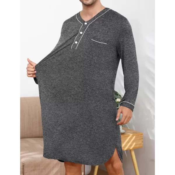 imageSWOMOG Mens Nightshirt Long Sleeve Nightgown Soft Loose Sleepwear Lightweight Nightwear Comfy Henley Sleep Shirt M3XLDeep Grey