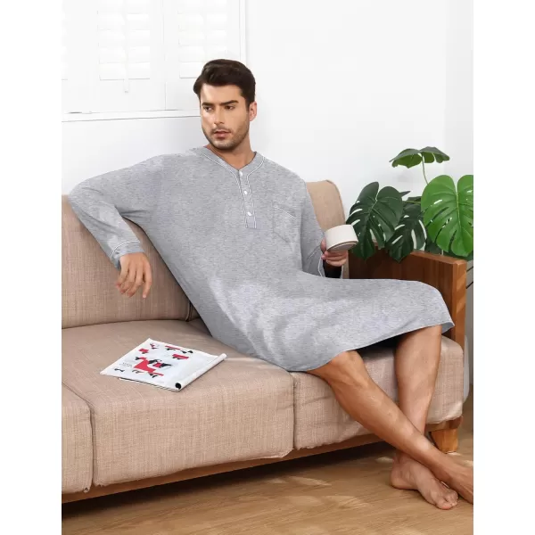 imageSWOMOG Mens Nightshirt Long Sleeve Nightgown Soft Loose Sleepwear Lightweight Nightwear Comfy Henley Sleep Shirt M3XLGrey