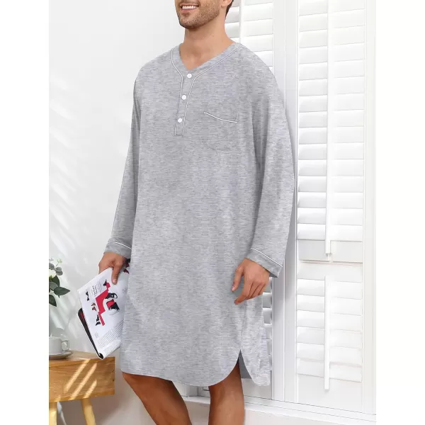 imageSWOMOG Mens Nightshirt Long Sleeve Nightgown Soft Loose Sleepwear Lightweight Nightwear Comfy Henley Sleep Shirt M3XLGrey