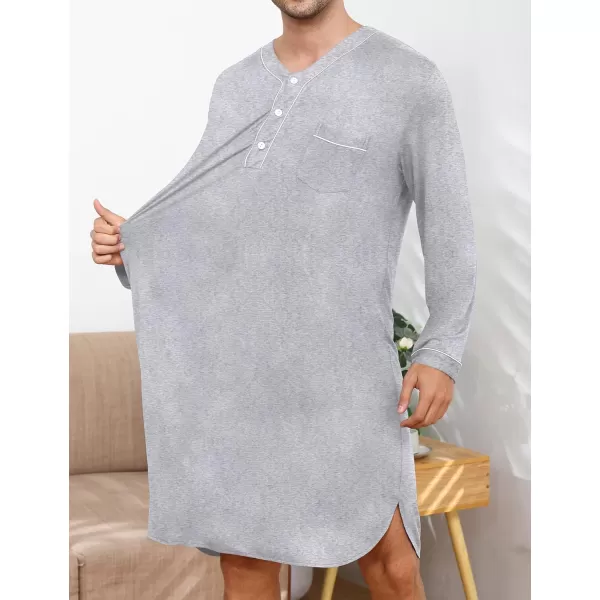 imageSWOMOG Mens Nightshirt Long Sleeve Nightgown Soft Loose Sleepwear Lightweight Nightwear Comfy Henley Sleep Shirt M3XLGrey