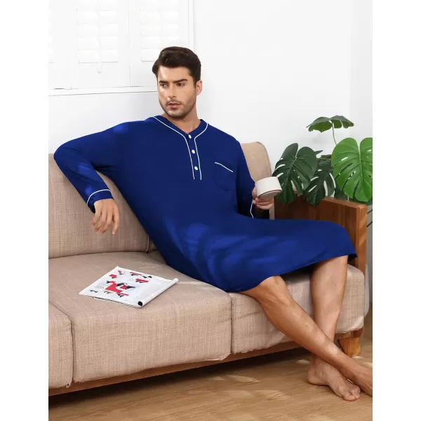 imageSWOMOG Mens Nightshirt Long Sleeve Nightgown Soft Loose Sleepwear Lightweight Nightwear Comfy Henley Sleep Shirt M3XLNavy Blue