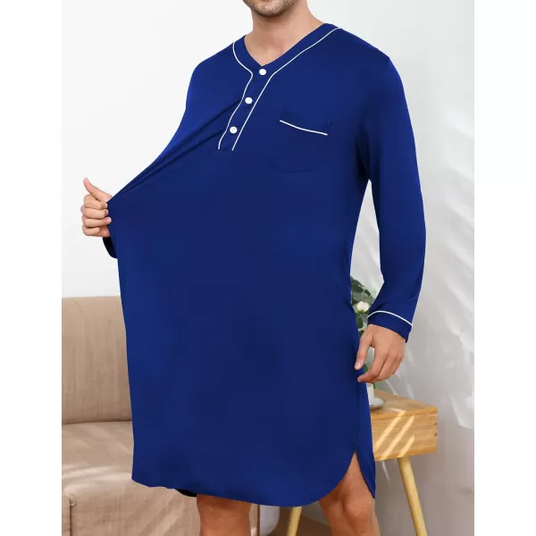 imageSWOMOG Mens Nightshirt Long Sleeve Nightgown Soft Loose Sleepwear Lightweight Nightwear Comfy Henley Sleep Shirt M3XLNavy Blue
