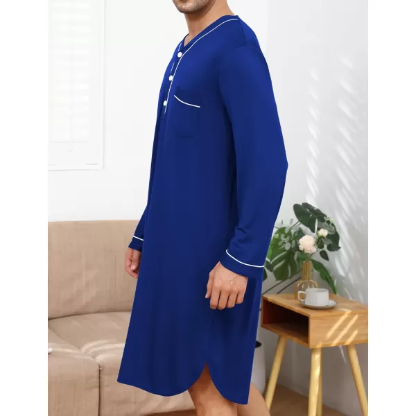 imageSWOMOG Mens Nightshirt Long Sleeve Nightgown Soft Loose Sleepwear Lightweight Nightwear Comfy Henley Sleep Shirt M3XLNavy Blue