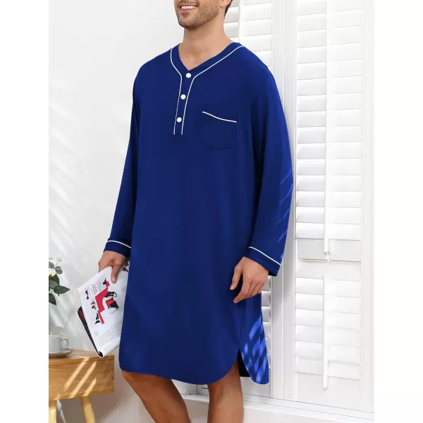 imageSWOMOG Mens Nightshirt Long Sleeve Nightgown Soft Loose Sleepwear Lightweight Nightwear Comfy Henley Sleep Shirt M3XLNavy Blue
