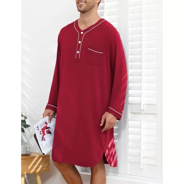 imageSWOMOG Mens Nightshirt Long Sleeve Nightgown Soft Loose Sleepwear Lightweight Nightwear Comfy Henley Sleep Shirt M3XLWine Red