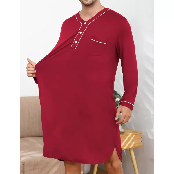 imageSWOMOG Mens Nightshirt Long Sleeve Nightgown Soft Loose Sleepwear Lightweight Nightwear Comfy Henley Sleep Shirt M3XLWine Red