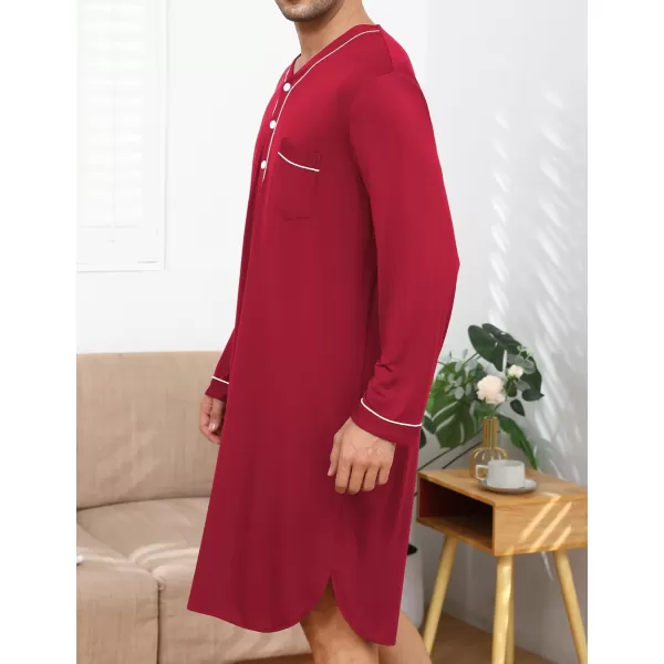 imageSWOMOG Mens Nightshirt Long Sleeve Nightgown Soft Loose Sleepwear Lightweight Nightwear Comfy Henley Sleep Shirt M3XLWine Red