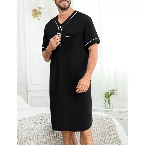 imageSWOMOG Mens Nightshirt Short Sleeve Nightgown Soft Loose Sleepwear Lightweight Nightwear Comfy Henley Sleep Shirt M3XLBlack