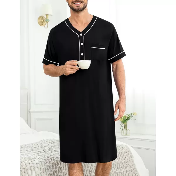 imageSWOMOG Mens Nightshirt Short Sleeve Nightgown Soft Loose Sleepwear Lightweight Nightwear Comfy Henley Sleep Shirt M3XLBlack