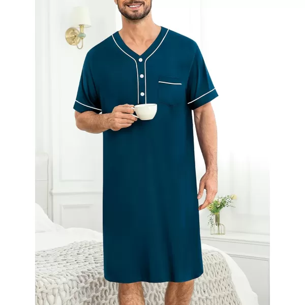 imageSWOMOG Mens Nightshirt Short Sleeve Nightgown Soft Loose Sleepwear Lightweight Nightwear Comfy Henley Sleep Shirt M3XLBlue Green