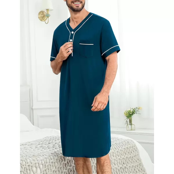 imageSWOMOG Mens Nightshirt Short Sleeve Nightgown Soft Loose Sleepwear Lightweight Nightwear Comfy Henley Sleep Shirt M3XLBlue Green