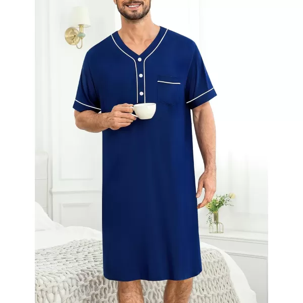 imageSWOMOG Mens Nightshirt Short Sleeve Nightgown Soft Loose Sleepwear Lightweight Nightwear Comfy Henley Sleep Shirt M3XLNavy Blue